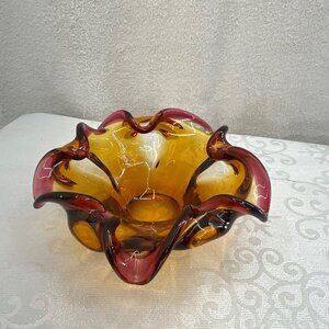 Murano-Style Hand-Blown Glass Amber & Purple Art Ashtray Bowl